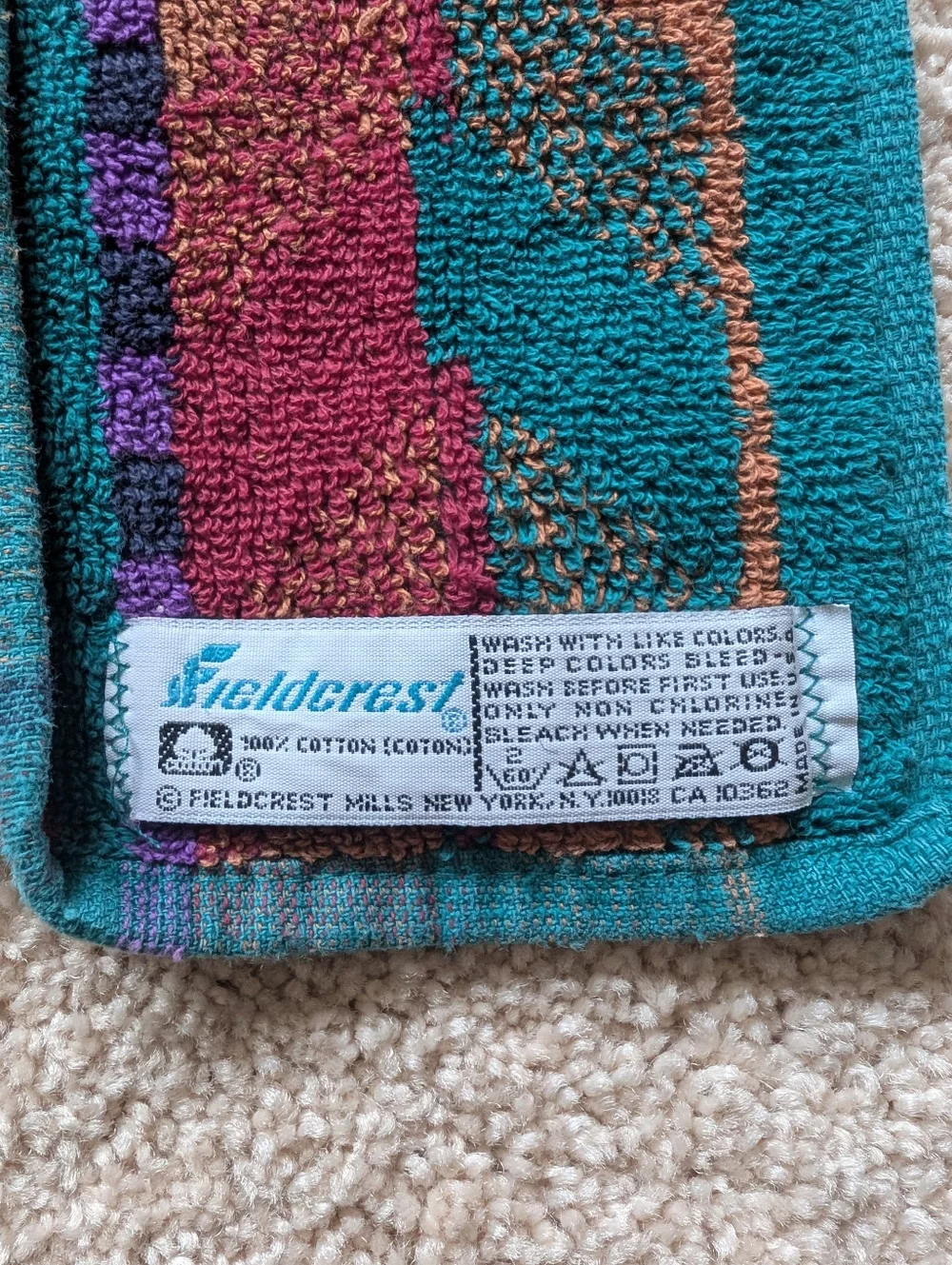 Vintage Fieldcrest Teal Orange Tribal Aztec Print Cotton Hand Towel